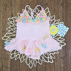 NWT Little Me Pink & White Striped Floral Swimsuit Size 12 Months